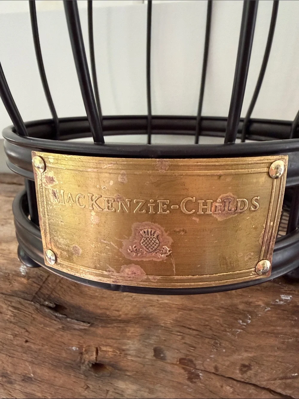 MacKenzie-Childs Black Metal utensil holder with Brass Plaque